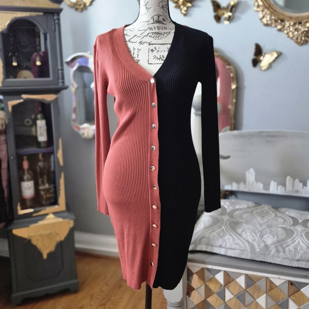 Black and Orange Colorblock Long Sleeve Dress Medium